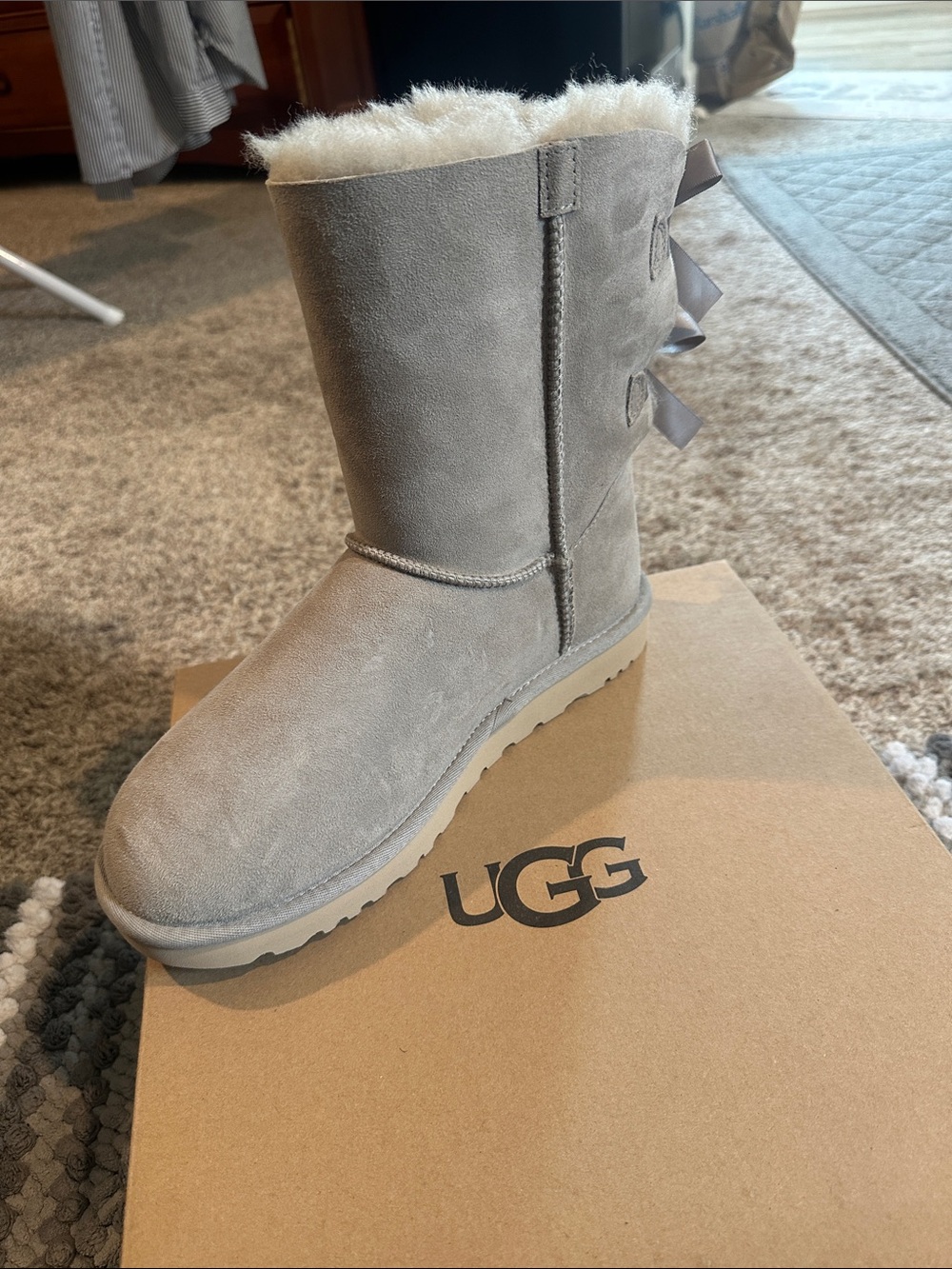 UGG Gray Suede Mid-Calf Boot with Back Ribbon Detail